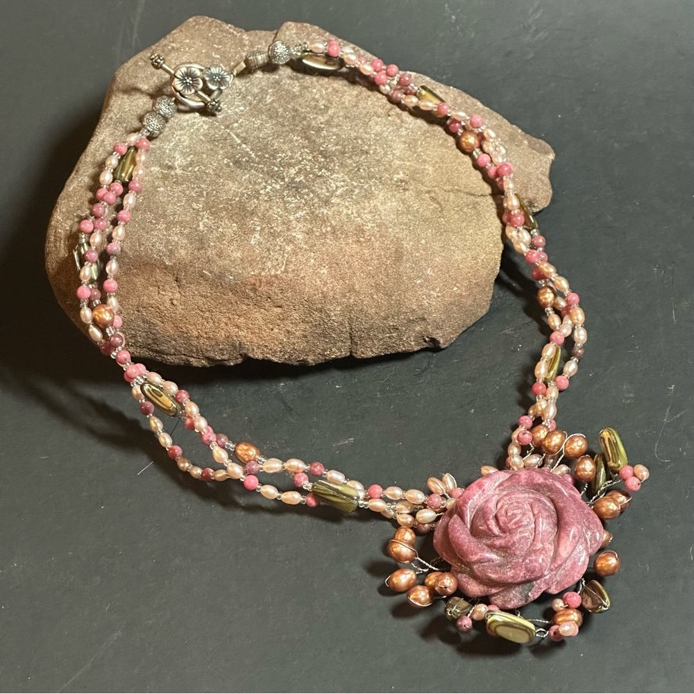 Romantic Rhodochrosite Pink Rose hand Beaded and Waved Necklace